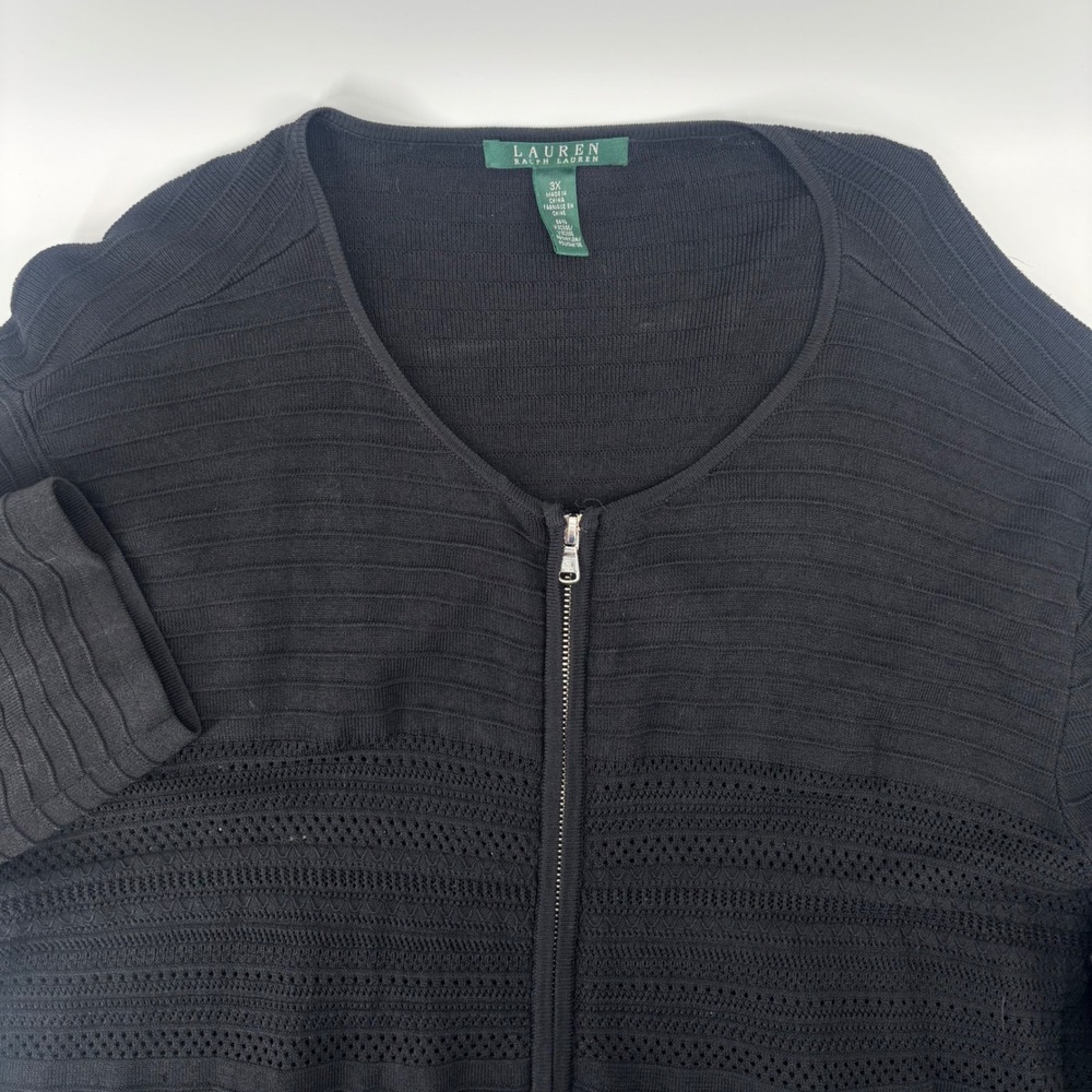 Lauren Ralph Lauren Cardigan Women 3X Black Zip Pointelle Knit Ribbed Sweater